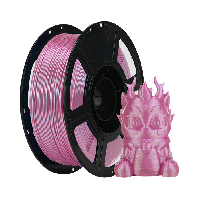 A spool of Flashforge PLA 1.75mm pink filament sits beside a glossy, detailed pink dragon 3D print, highlighting the filament's smooth finish and reliable extrusion for high-speed printing projects.