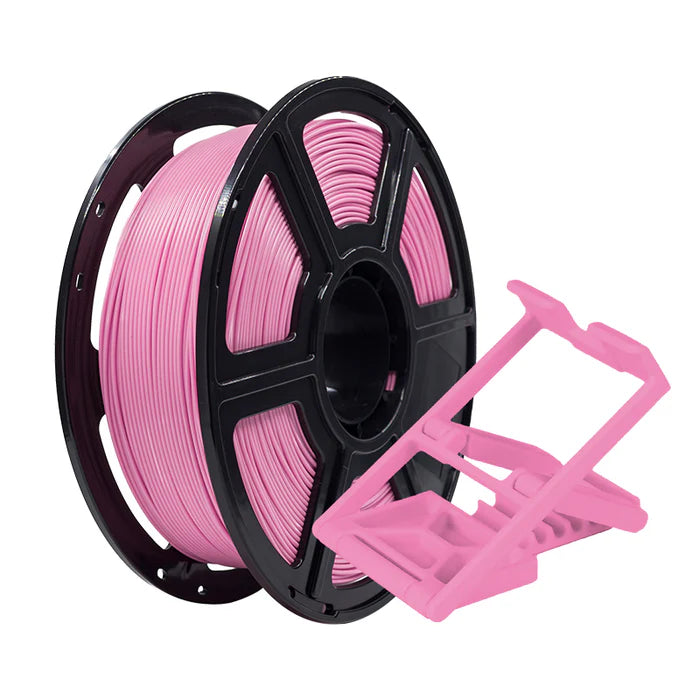 A spool of Flashforge PLA Pro 1.75mm Basic Colour 3D Printing Filament in pink is placed beside a multi-color pink 3D-printed object with a stand-like structure.