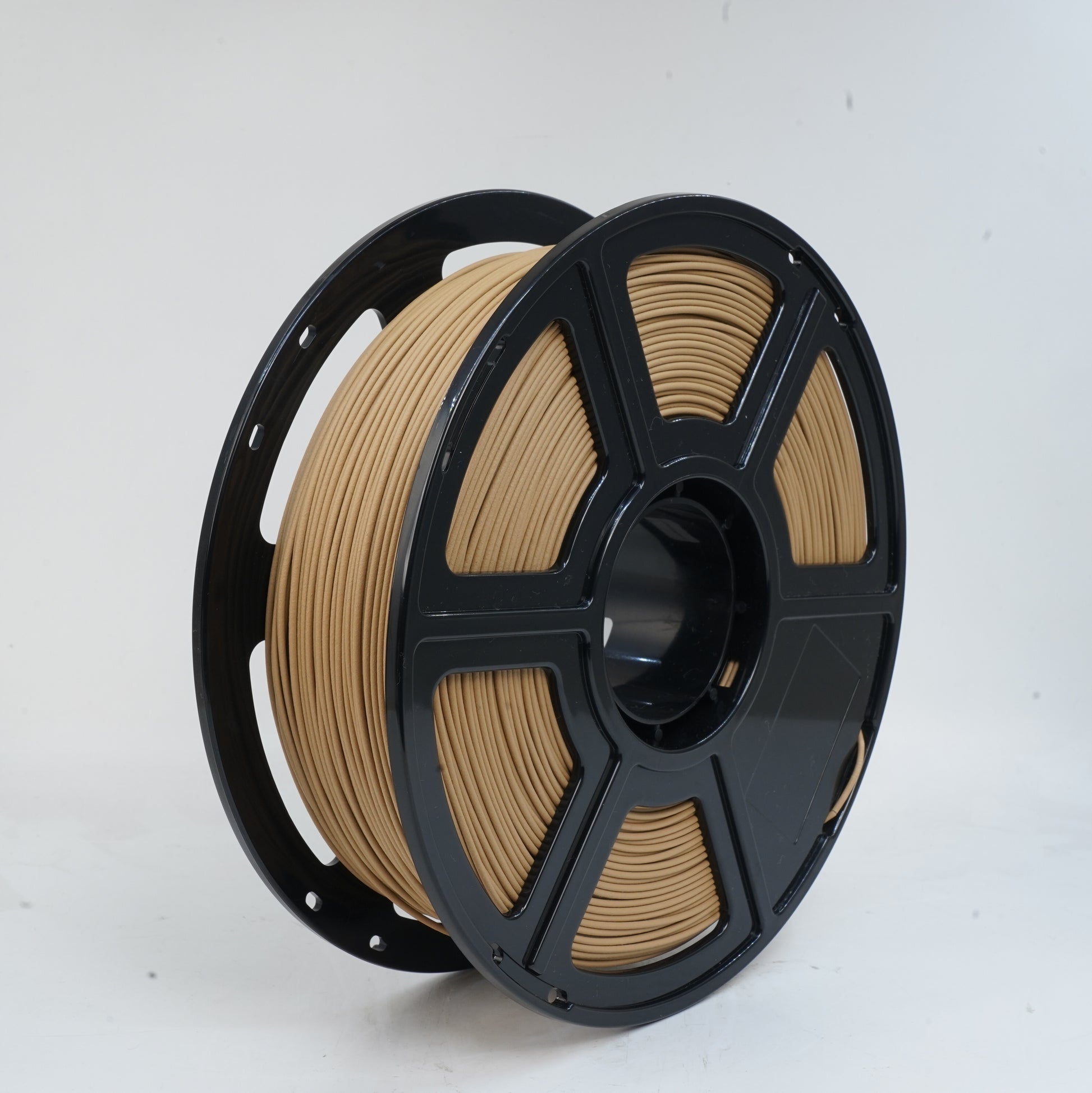 Flashforge PLA Wood 1.75mm filament, a tan wood-like eco-friendly 3D printing material from Flashforge, is wound on a black plastic reel and displayed against a plain white background.