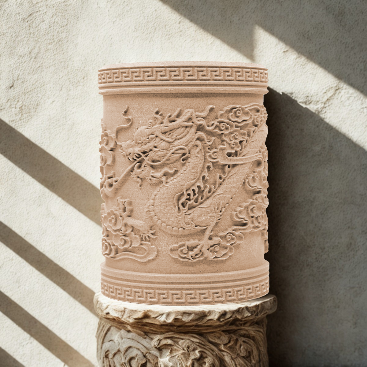 A cylindrical stone sculpture with a dragon relief on a carved pedestal, highlighted by sunlight, demonstrates the artistry possible using Flashforge PLA Wood 1.75mm 3D Printing Filament from Flashforge.