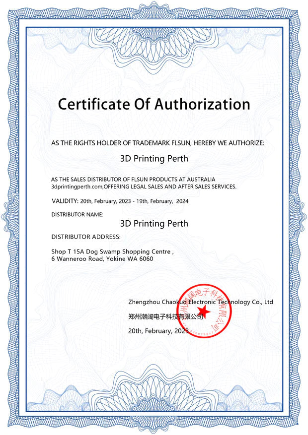 A certificate of authorization with a FLSUN 3D printer Flsun T1 fast 1000mm/s with integrated AI Features circle around it.