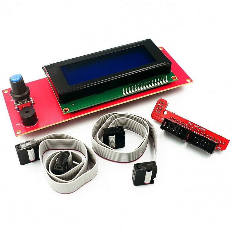 A red LCD board with cables and a red LCD screen (LCD Display: LCD2004ABA with dial button and SD card reader) for microcontroller applications, by 3D Printing Perth - Cirrus Link.