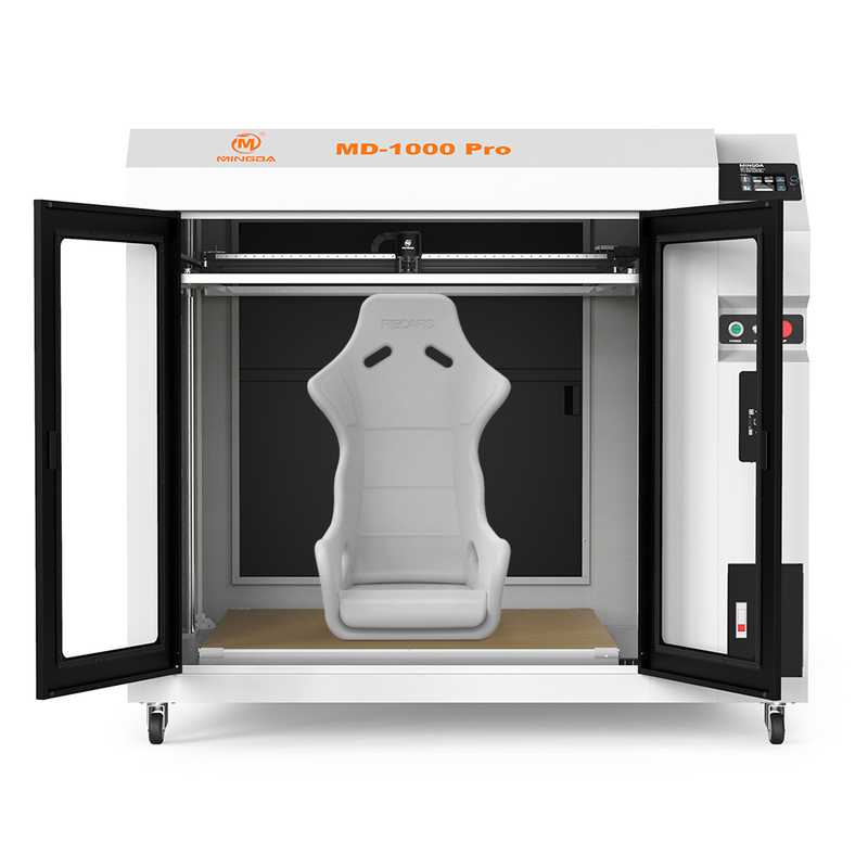 A large-scale MINGDA MD-1000 PRO 3D printer with a seat in it, capable of printing various materials.