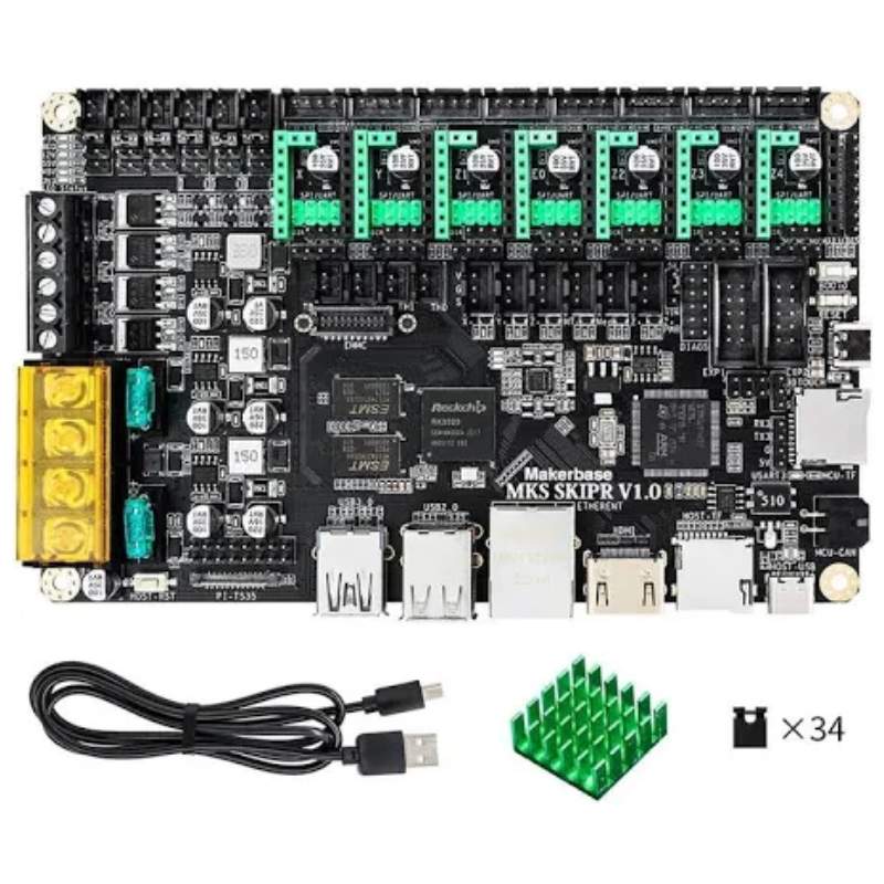 A MakerBase MKS SKIPR V1.0 motherboard with a pcb and a usb cable. The board is compatible with 3D printers and can be used with Klipper firmware. It is designed to work seamlessly with the MakerBase MKS SKIPR V1.0 motherboard.