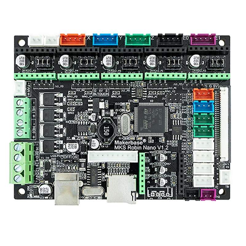 A MakerBase MKS Robin Nano V1.2 motherboard with many different components on it, designed for 3D printer control and compatible with Marlin 2.0 firmware.