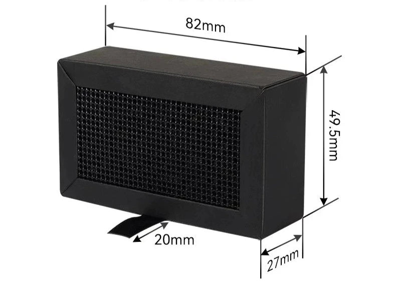 This rectangular black box from Bambu Lab features a grid front and a pull tab, designed as the Bambu Lab X1/P1 Activated Carbon Air Filter to reduce odors and improve air quality. With dimensions of 82mm by 49.5mm by 27mm and a 20mm tab, it is ideal for effectively reducing VOCs in various spaces.