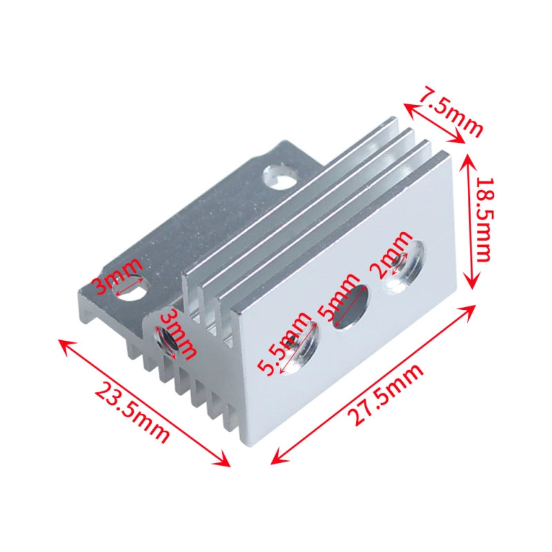 The Creality Aluminum Heatsink for K1/K1 MAX 3D printers measures 27.5mm x 23.5mm x 18.5mm and features holes and fins for effective thermal management and cooling performance.