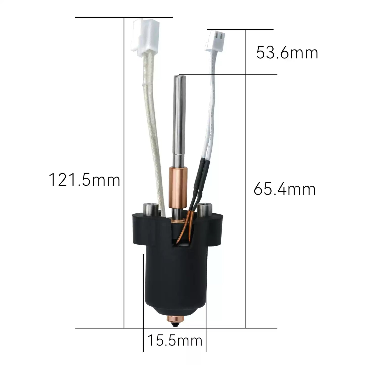 The Unicorn Hardened Steel Hotend Kit by 3D Printing Perth - Cirrus Link fits Creality K1/K1 Max/Ender 3 V3, featuring a cylindrical design with wires, 121.5mm height, 53.6mm wire length, 65.4mm internal wire length, and 15.5mm diameter.