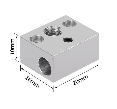The Ender 3 S1 Spirit Heat Block by 3D Printing Perth - Cirrus Link is a rectangular aluminum M6 block with four holes, measuring 10mm x 16mm x 20mm, shown on a white background and designed for 3D printer upgrades.