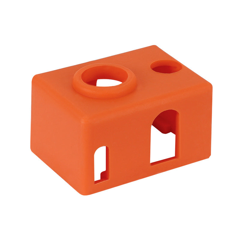 The E3D PT100 Silicone Case Insulation Cover by 3D Printing Perth - Cirrus Link is an orange rectangular plastic block with side cutouts and two circular top openings, providing enhanced protection.