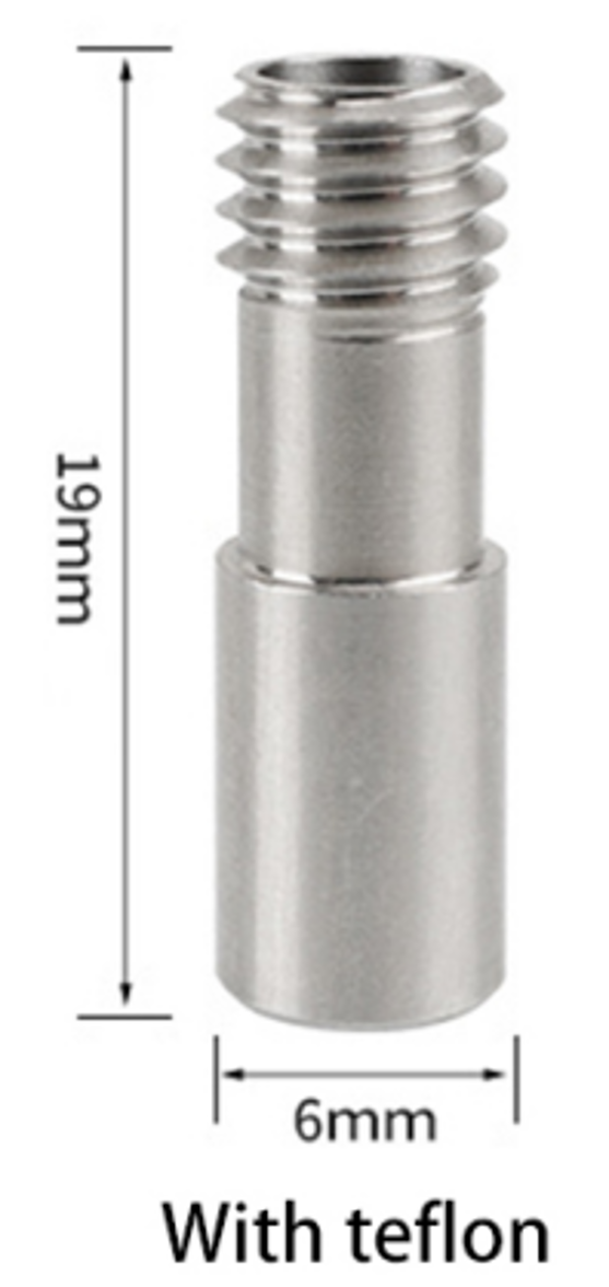 The Ender 3 S1 Spirit TC4 Throat, by 3D Printing Perth - Cirrus Link, is labeled "With teflon," features a threaded end, and measures 19mm x 6mm. It's perfect for use with the Ender 3 S1 printer in your 3D printing projects.