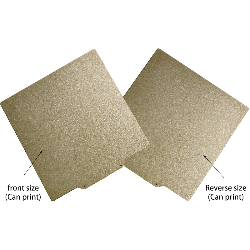 Two metal sheets from the Cirrus Link - 3D Printing Online Store's Double Side Coated PEI Hot Bed Platform with Magnetic Base are labeled "front size (can print)" and "reverse size (can print)." These sheets are placed side by side, highlighting their textured surfaces that make them perfect for high-temperature applications.