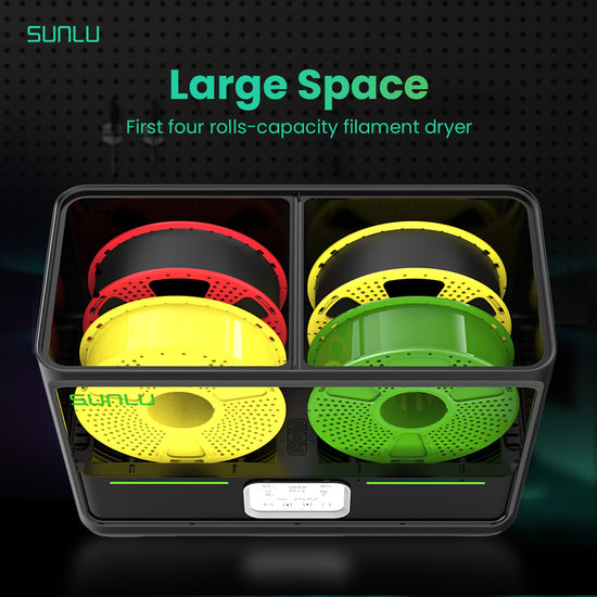 The SUNLU S4 FilaDryer, a 4-bay filament drying solution with multi-color printing capability, is featured in vibrant red, yellow, and green against a dark background. The text reads "Large Space" and "First four-rolls capacity SUNLU S4 FilaDryer.