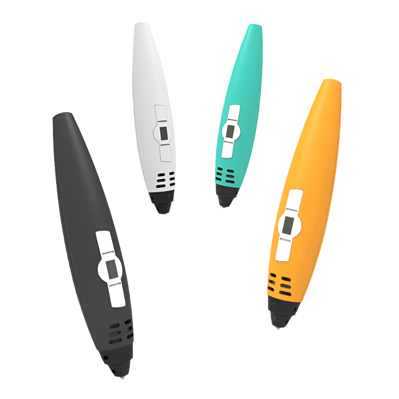 Four SUNLU 3D PEN Sunlu SL-800 3D Pen - Education PLA / ABS / PETG in black, white, turquoise, and orange colors are arranged diagonally from left to right. Each pen features a digital display and controls for adjustable speed and temperature control.