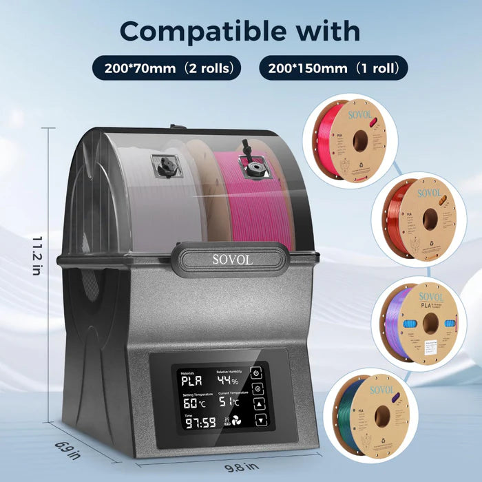 The SOVOL Filament Dual Bay Dryer SH02 features a digital display, adjustable temperature, 360°PTC surround heating, and holds two 200×70mm spools or one 200×150mm spool; shown with compatible Sovol filament spools in assorted colors.