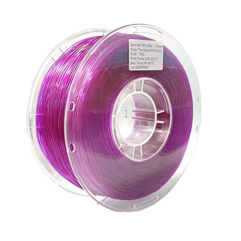 The Toyar TPU Transparent 1.75mm 3D Printing Filament is a flexible, transparent purple spool from Toyar, featuring technical details labeled on the side for easy identification.