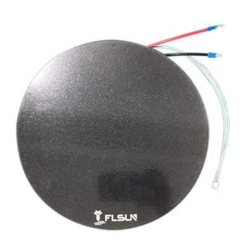 A round black plate with a wire attached to it, perfect for the FLSUN QQ-S PRO 24V glass Heart bed Platform 265*265mm and can be used as a glass heart bed platform.