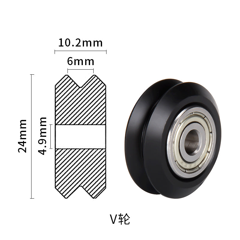 Diagram and image of the Pulley Wheel V Wheel 5mm Inner Hole 625 Bearing by 3D Printing Perth - Cirrus Link, ideal for 3D printers, featuring a 24mm diameter, a 6mm width, and a groove depth of 4.9mm.