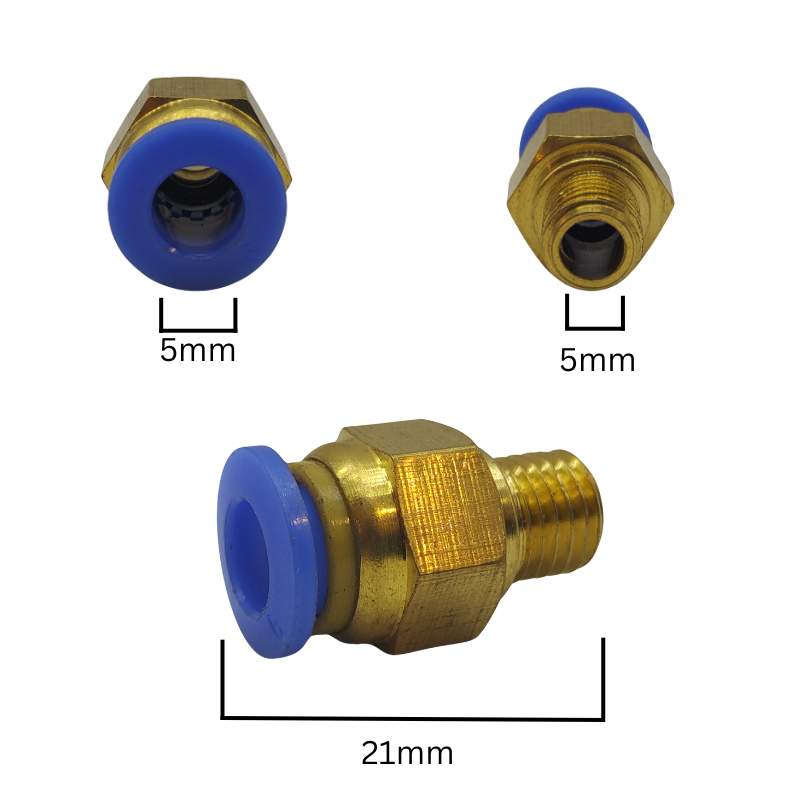 The 3D Printing Perth - Cirrus Link Pneumatic Connector for PTFE tubes is showcased, featuring brass construction with blue sleeves, measuring 21mm in length and having a 5mm connection size.
