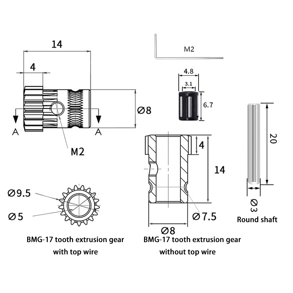 A technical diagram displays measurements and specifications for BMG-17 tooth extrusion gears, including the 3D Printing Perth - Cirrus Link's BMG Double Gear Feed Wheel with or without top wire, round shaft, M2 component, highlighting their applications in 3D printing.