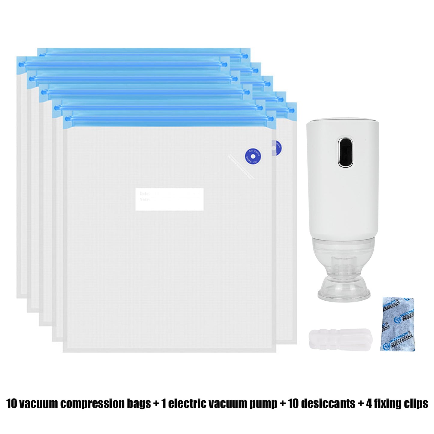 The 3D Printing Perth - Cirrus Link Electric Filament Vacuum Storage Kit with Bags includes 10 storage bags, an electric vacuum pump, 10 desiccant packets, and 4 clips—perfect for keeping moisture-sensitive filaments safe. Shown on a white background.