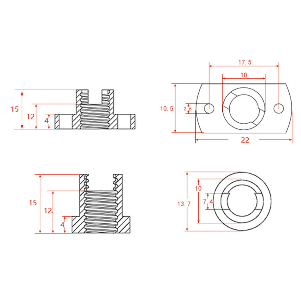 Technical drawing of the ASR T8 Brass Flexible Nut – Z-Axis Lead Screw, shows front, side, and cross-sectional views with millimeter measurements and Z-axis elevation details; ideal for 3D printers or T8 flexible nut applications.