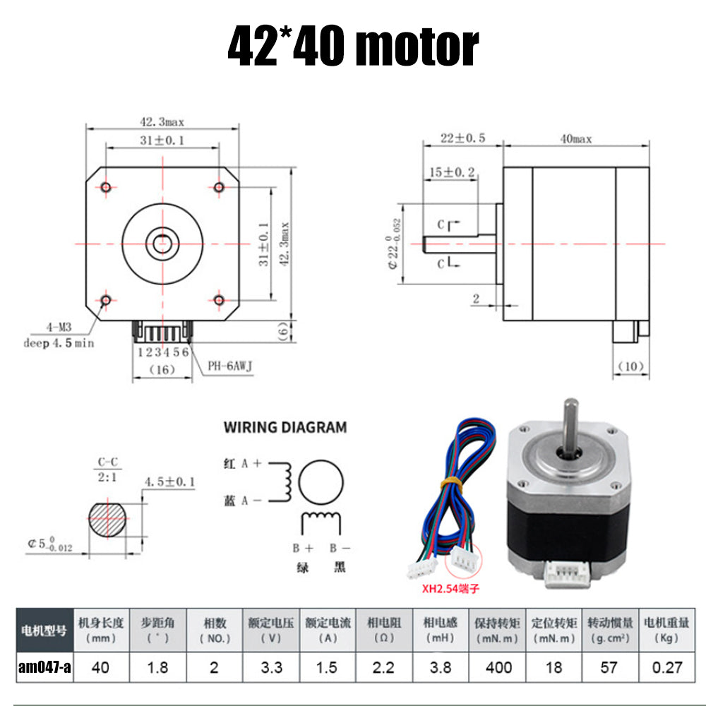 Explore the technical diagram and specifications for the 42 Stepper Motor (39mm height, 1.8° step angle) by 3D Printing Perth - Cirrus Link. Includes dimensions, wiring diagram, and tabular data.