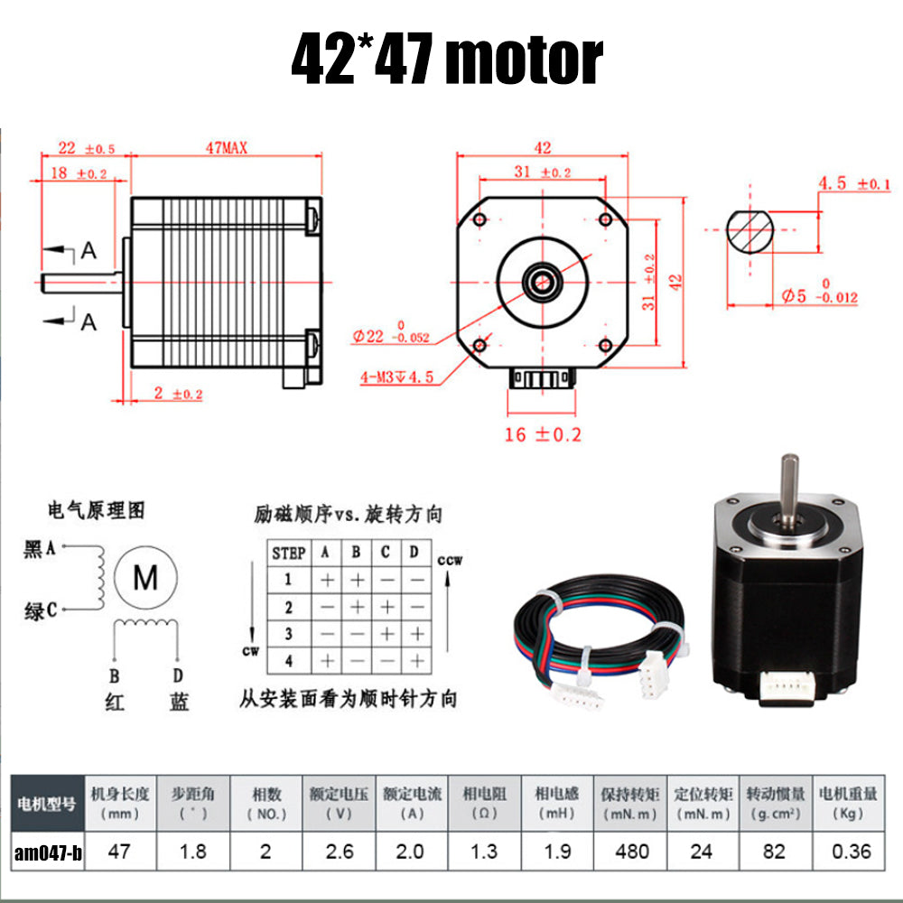 Discover the detailed specs and diagram of the high-torque 42 Stepper Motor 42HD4027-01-A from 3D Printing Perth - Cirrus Link. Ideal for 3D projects, it includes dimensions, wiring instructions, and an image with labeled components for seamless setup.