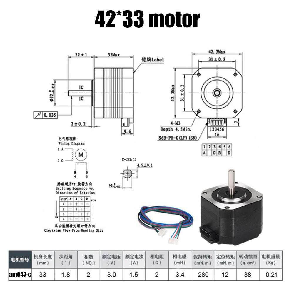 Technical diagram and photo of 3D Printing Perth's 42 Stepper Motor (33mm, 1.8° step angle) with cable, featuring specifications and wiring details—ideal for Titan Extruder integration in your 3D printing projects.
