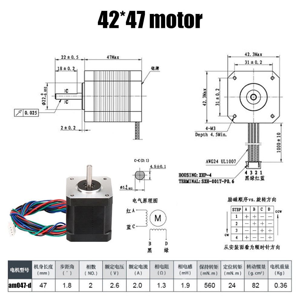 Technical diagram and specs for the 3D Printing Perth - Cirrus Link 42 Stepper Motor (2A, 0.48N·m, 1.8°, 42x42x47mm) with photo, dimensions, wiring details, attached colored wires, 1000mm cable and XH2.54 terminal.