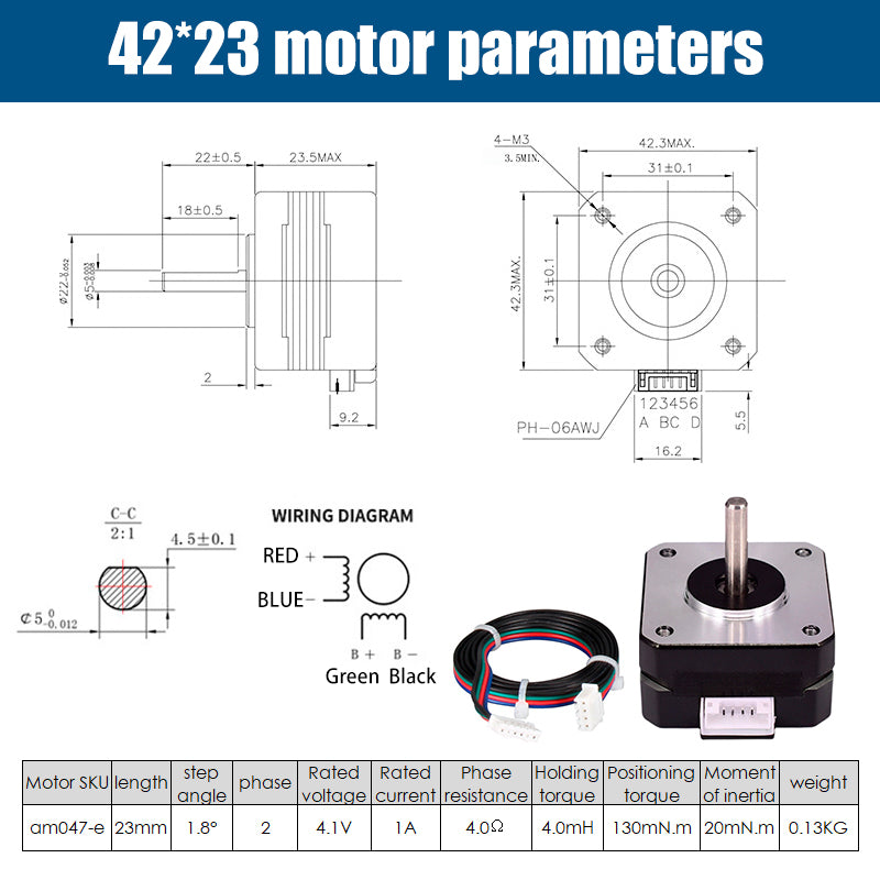 Explore the Titan Extruder 42 Stepper Motor by 3D Printing Perth - Cirrus Link, featuring a 23mm height and 1.8-degree step angle with two phases. Includes detailed wiring, voltage, current, resistance, torque, and weight info for optimal performance in your 3D printing setups.