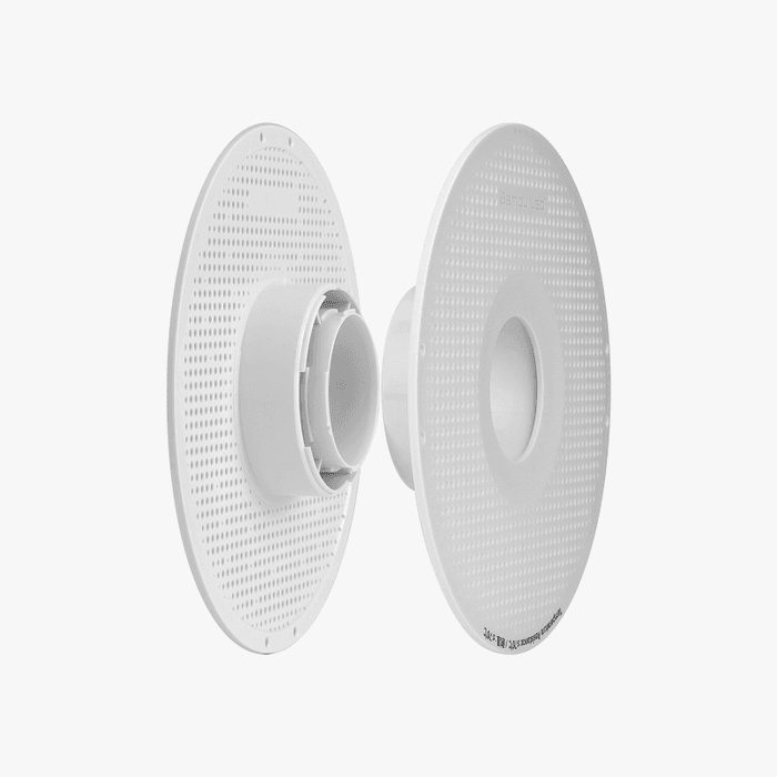 The Bambu Lab Bambu Reusable Spool for Refillable Filament features a round, white design with a perforated structure and a central cylindrical hub—perfect for use in heated enclosures or advanced filament storage systems.