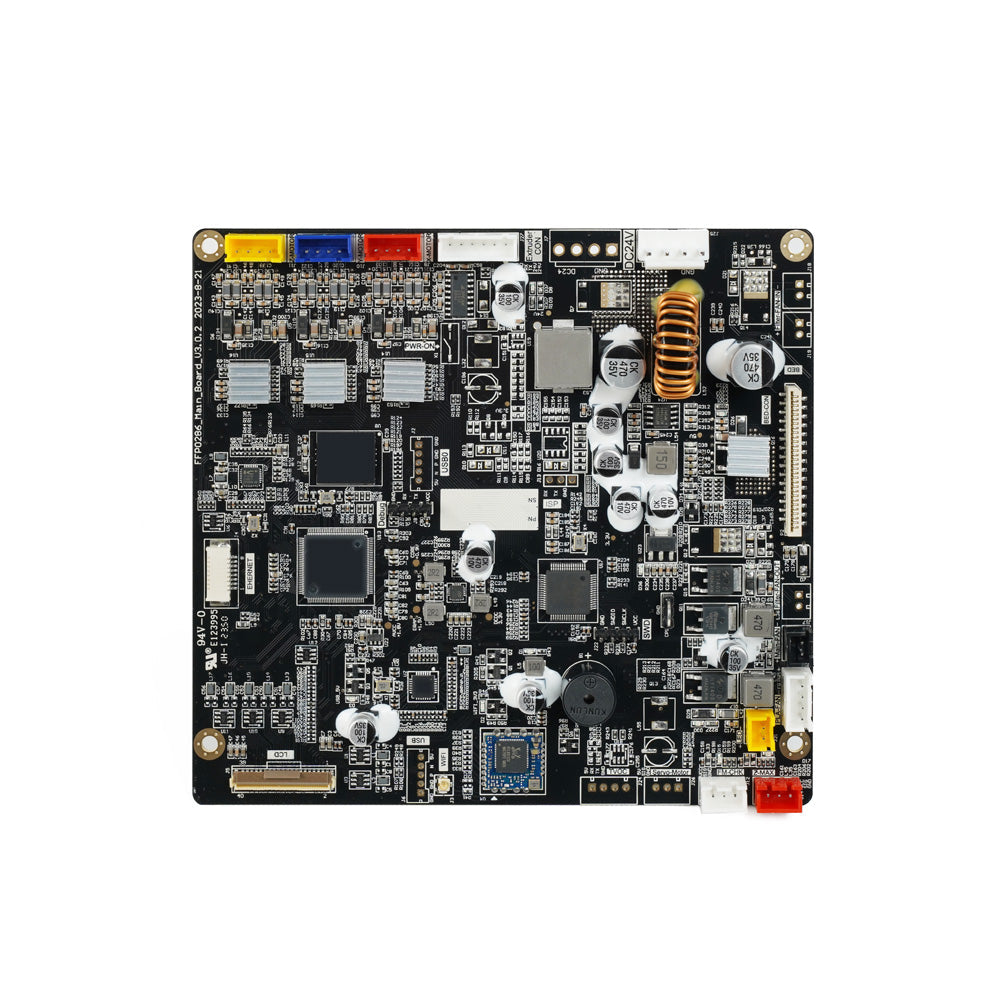 A square mainboard for the Flashforge Adventurer 5M Series, featuring various components, connectors, and chips on a black substrate, is designed for enhanced printing precision.