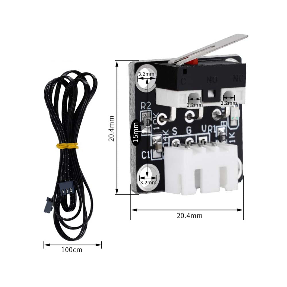 The EndStop Switch for CR-10 Ender-3S Mechanical Limit Micro Stroke from 3D Printing Perth - Cirrus Link is perfect for 3D printing setups such as the Ender-3S. It boasts clearly labeled dimensions and includes a black cable that measures 100 cm.