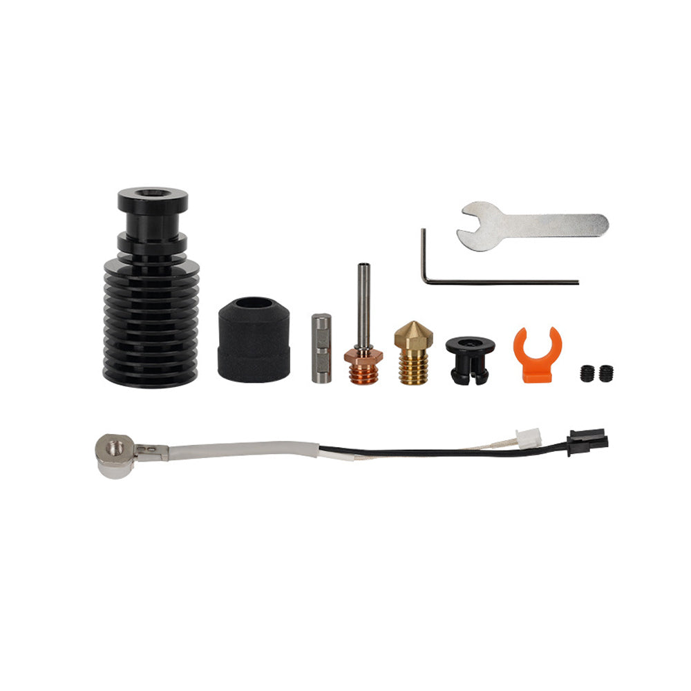 A selection of 3D printer components and tools, such as the VORON 2.4 Prusa CHC V6 Ceramic Hot End Kit from 3D Printing Perth - Cirrus Link, featuring a heat sink, nozzle, wrench, Allen key, and connectors, is neatly arranged on a white background.
