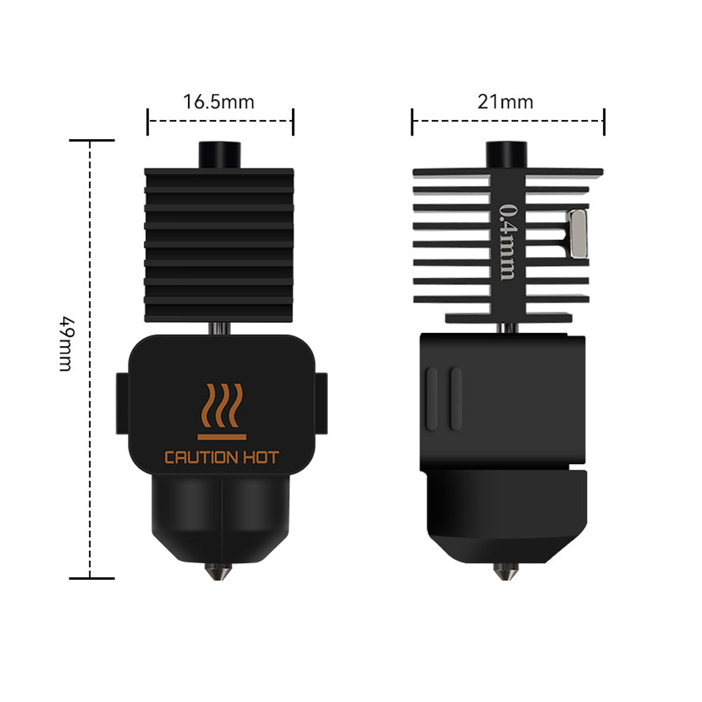The Bambu Lab A1 Mini Hotend, measuring 49mm in height, 16.5mm in width, and 21mm in depth, features a sleek black nozzle with a precise 0.4mm opening. Provided by 3D Printing Perth - Cirrus Link, this nozzle includes an advanced temperature management system and is marked with a "Caution Hot" label for safety.