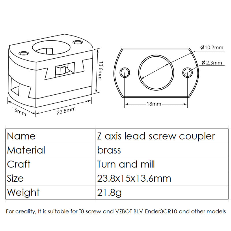 Technical drawings and specs for the Oldham Coupler T8 Z Axis Screw Upgrade by 3D Printing Perth - Cirrus Link, detailing brass material, dimensions, manufacturing process, and compatibility with BLV Ender 3 Creality machines.
