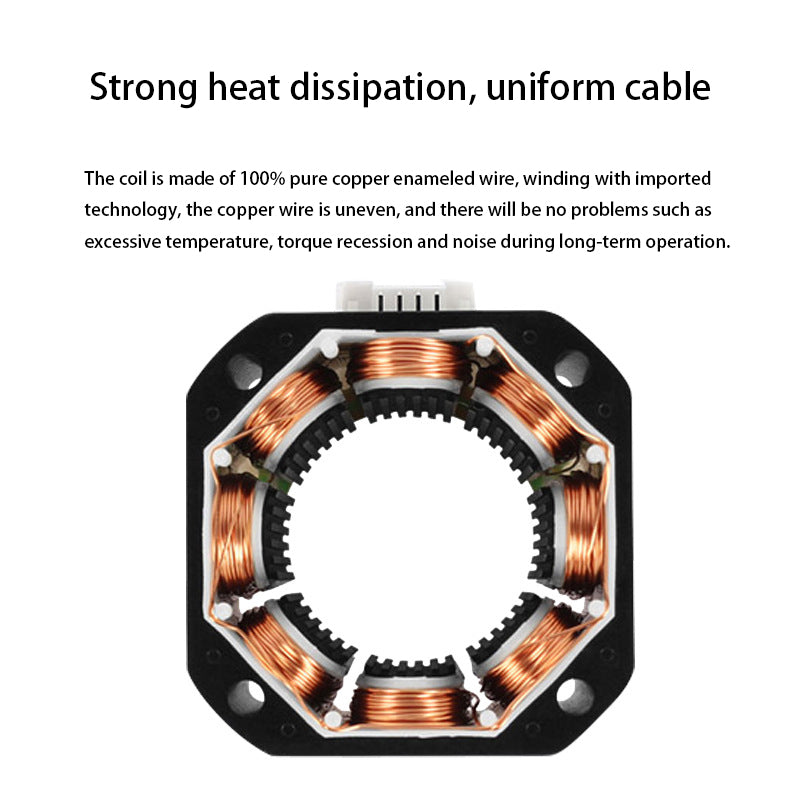 A black-framed copper coil labeled "Strong heat dissipation, uniform cable" emphasizes the 100% pure copper enameled wire's advantages, reducing noise and temperature for high-performance in 3D Printing Perth - Cirrus Link's 42 Stepper Motor, ideal for 48mm height applications.