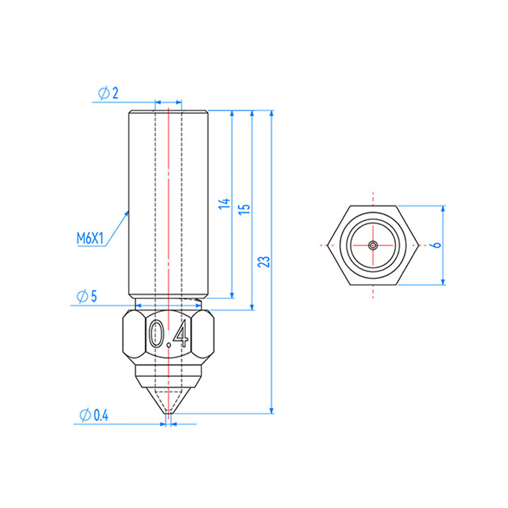Technical drawing of the 3D Printing Perth - Cirrus Link Brass Nozzle for Creality K1/K1 Max: shows labeled dimensions, M6x1 thread, 0.4mm nozzle diameter, and 23mm length—compatible with 1.75mm filament.