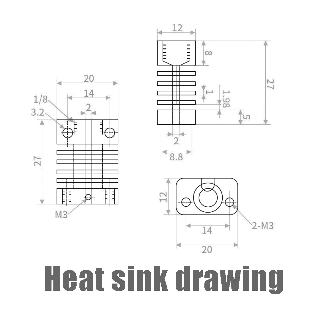 Technical drawing of a Creality CR10S CR10 Heat Sink from 3D Printing Perth - Cirrus Link, showing labeled dimensions and measurements in top and side views. "CR10 heat sink drawing" is noted at the bottom.