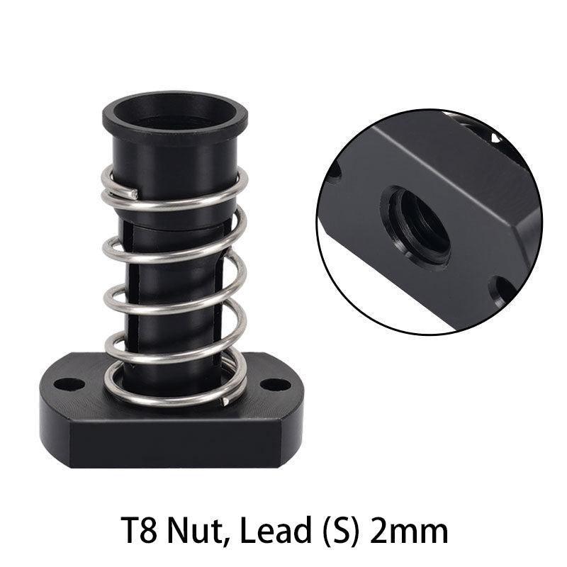 ASR H-Type T8 lead screw nut (2mm lead, available in 2mm & 8mm pitch), features a black flexible body with metal spring and mounting base—ideal for 3D printer Z-axis; close-up inset displays the threaded interior.