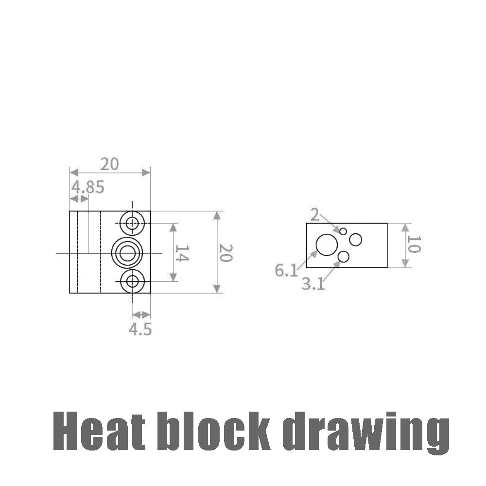 Technical drawing of CR10S CR10 Heat Block Replacement Part by 3D Printing Perth - Cirrus Link. Dimensions labeled for your 3D printing project. Text reads "Heat block drawing.
