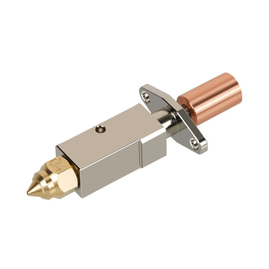 Introducing the K1 K1 Max Ceramic Heater Upgrade Hot End Kit by 3D Printing Perth - Cirrus Link, featuring a metal nozzle component with a brass tip and copper tube. This kit includes mounting brackets on either side and offers high-temperature capability up to 550 degrees Celsius for advanced applications, delivering a 50 percent increase in flow rate.