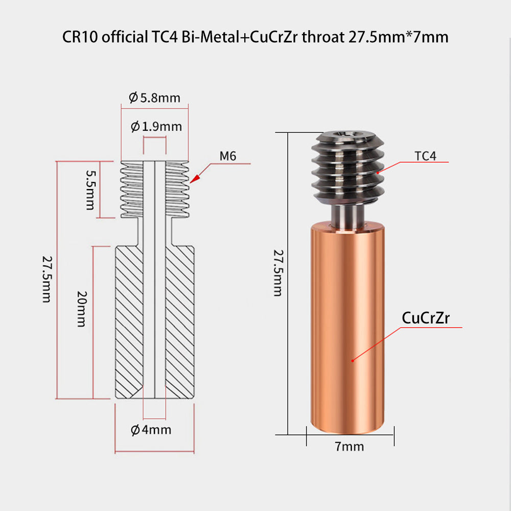 Diagram and photo of the CR10 Bi-metal Throat by 3D Printing Perth - Cirrus Link, featuring TC4 Bi-Metal+CuCrZr with excellent thermal conductivity. It measures 27.5mm in length and 7mm in diameter, with labeled titanium and copper nickel components for robust performance.