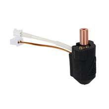 Here is a close-up of a black solenoid with a copper rod, featuring attached wires ending in white connectors, designed to be compatible with the high-flow printing capabilities of the 3D Printing Perth - Cirrus Link's Creality K1 K1 Max High Flow Ceramic Hotend.