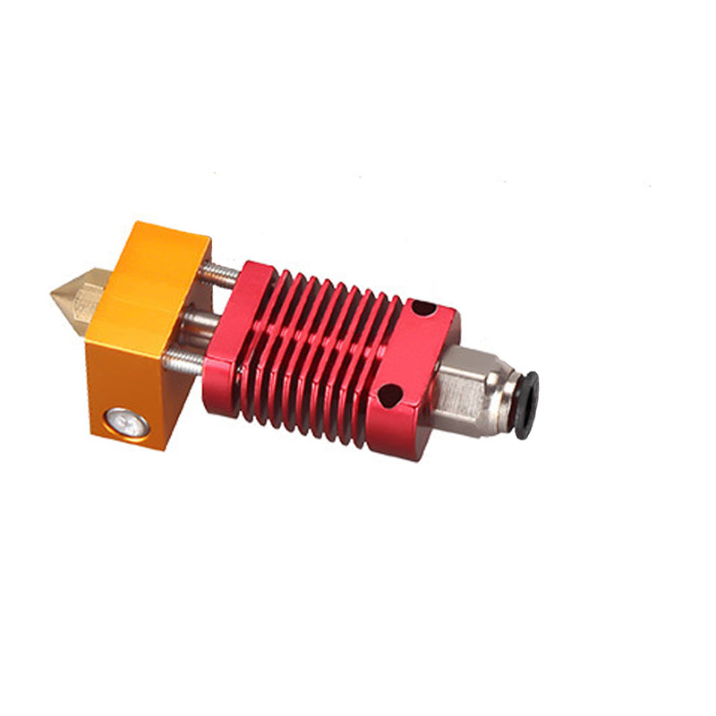The ASR Cr10 Red Extruder Hotend Assembly features a gold heating block, red heat sink, and metal nozzle—ideal as a Creality CR-10 upgrade. Shown against a white background.