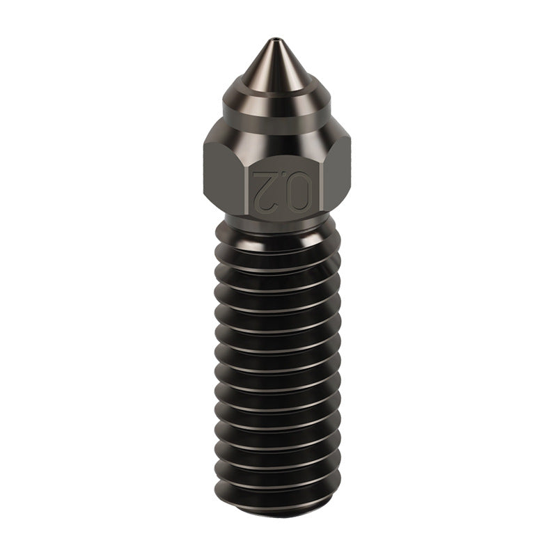 A close-up of the 3D Printing Perth - Cirrus Link Hardened Steel Nozzle for Creality K1/K1 Max, showing its threaded body and pointed tip with "0.2" engraved on the hex—perfect for high-temp filament extrusion.