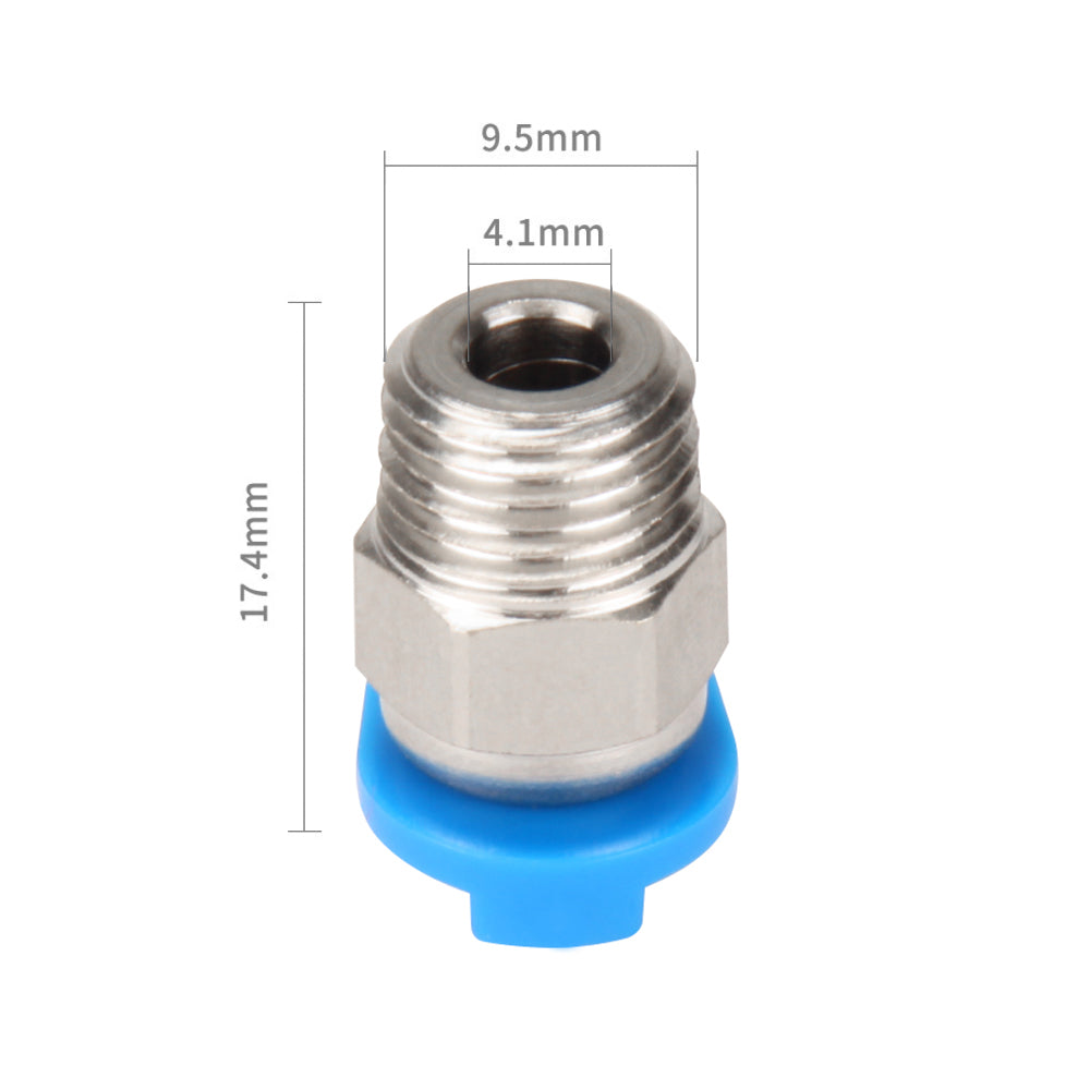 The Pneumatic Quick Connector JP4-01 by 3D Printing Perth - Cirrus Link features a blue base, measuring 17.4mm in height, 9.5mm in top width, and a 4.1mm inner diameter with an M10 thread, ensuring efficient system integration.