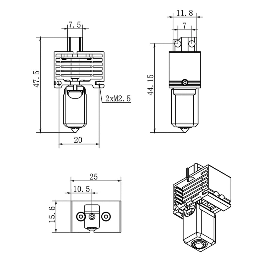 A technical drawing of a mechanical component for the Bambu Lab X1 Series 30 Upgrade Hotend (350°C, 35mm³/s) by 3D Printing Perth - Cirrus Link, displaying multiple views and dimensions in millimeters. It features cylindrical and rectangular shapes, ensuring precise alignment and seamless integration.