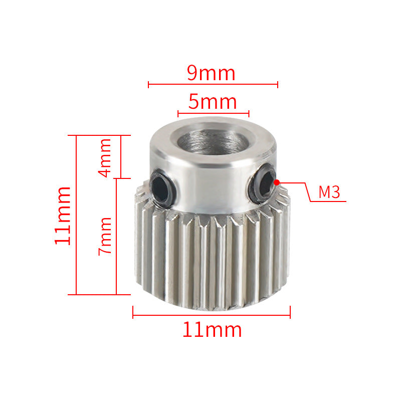 The 26 Tooth Feed Wheel by 3D Printing Perth - Cirrus Link is precision-engineered in stainless steel, with dimensions of 9mm diameter, 11mm height, 7mm cog height, and a 5mm hole for M3 screws. Ideal for detailed applications, this product is perfect for advanced 3D printing techniques.
